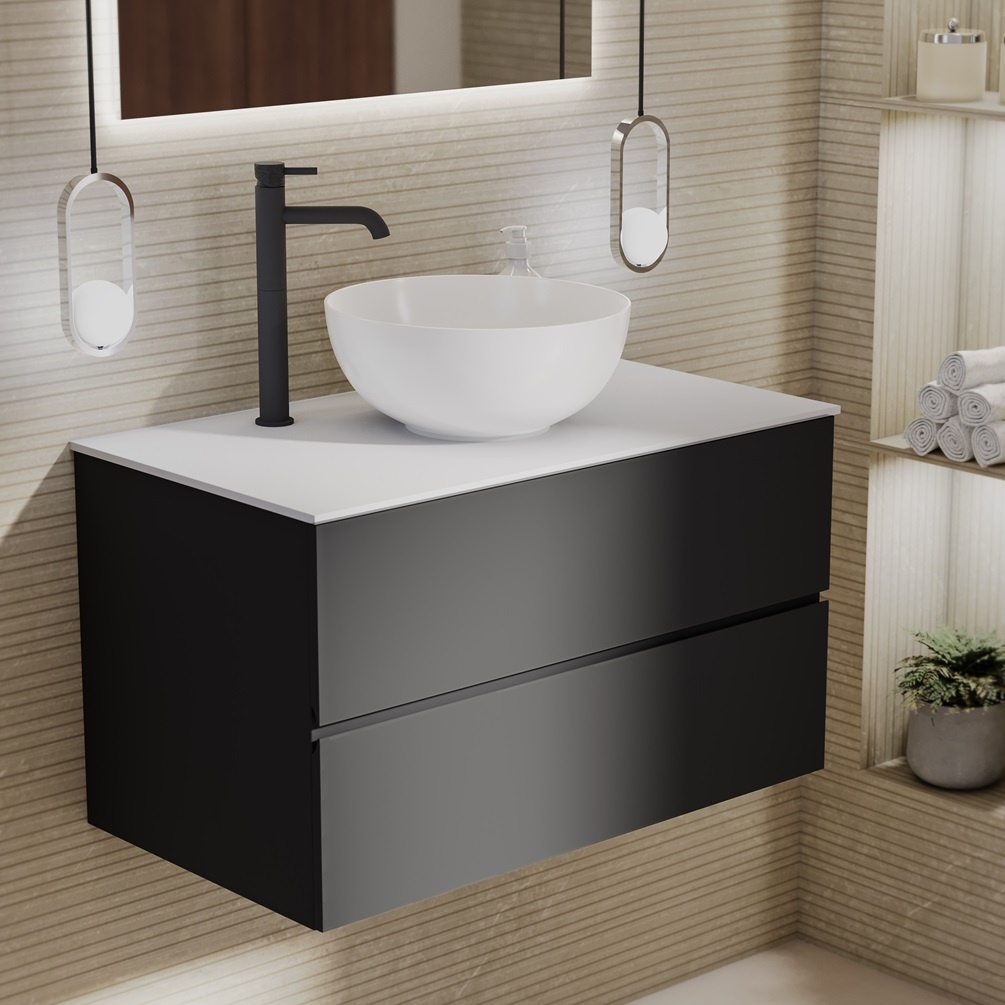 Product lifestyle image of Zero Matt Black 800mm Double Drawer Wall Hung Vanity Unit and Matt White Worktop 1042-BL1167C-L049K